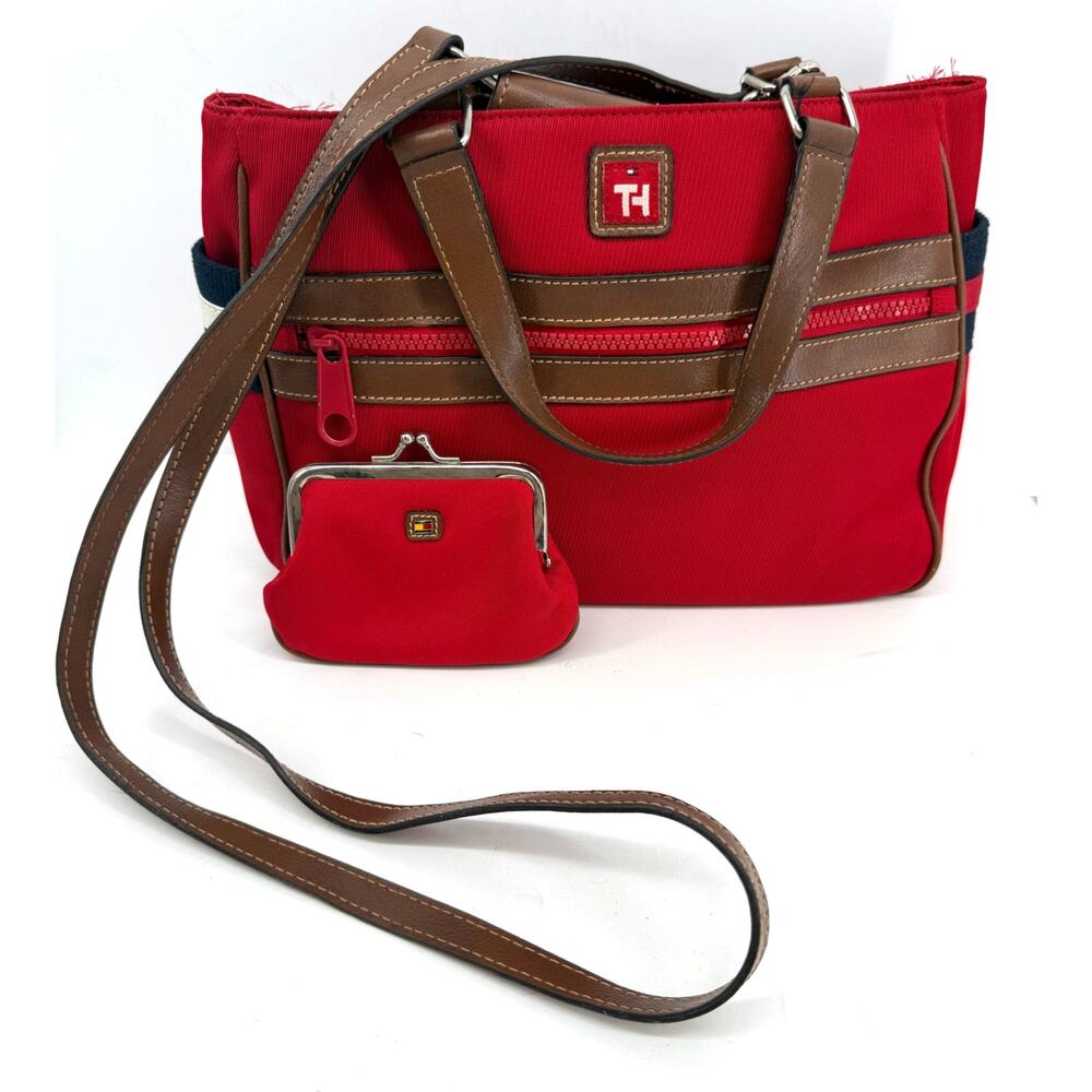 Tommy Hilfiger Red Shoulder Bag Purse Crossbody Brown Trim Coin Purse Vintage